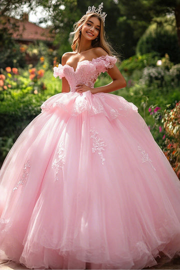 Princess Ruffled Off the Shoulder Ball Gown Pink Quinceanera Dress